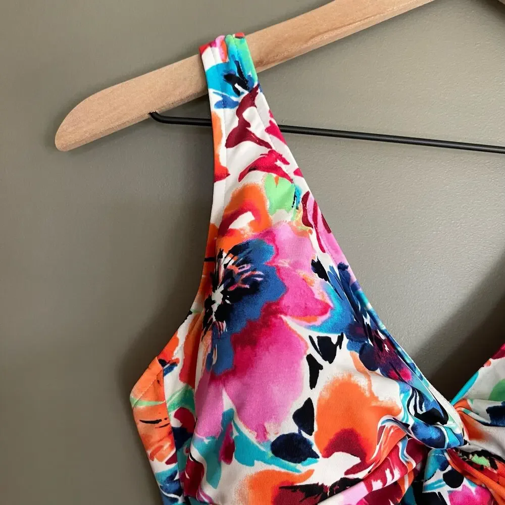 Swim Solutions Twist Bodice Allover‎ Slimming One-Piece Swimsuit Size 12 Floral - Picture 5 of 16